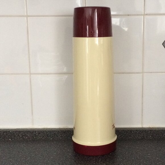 VTG Tim Hortons Thermos Cream Maroon Red Cup 13.5 " Tall Logo Print 32 oz - Picture 4 of 11